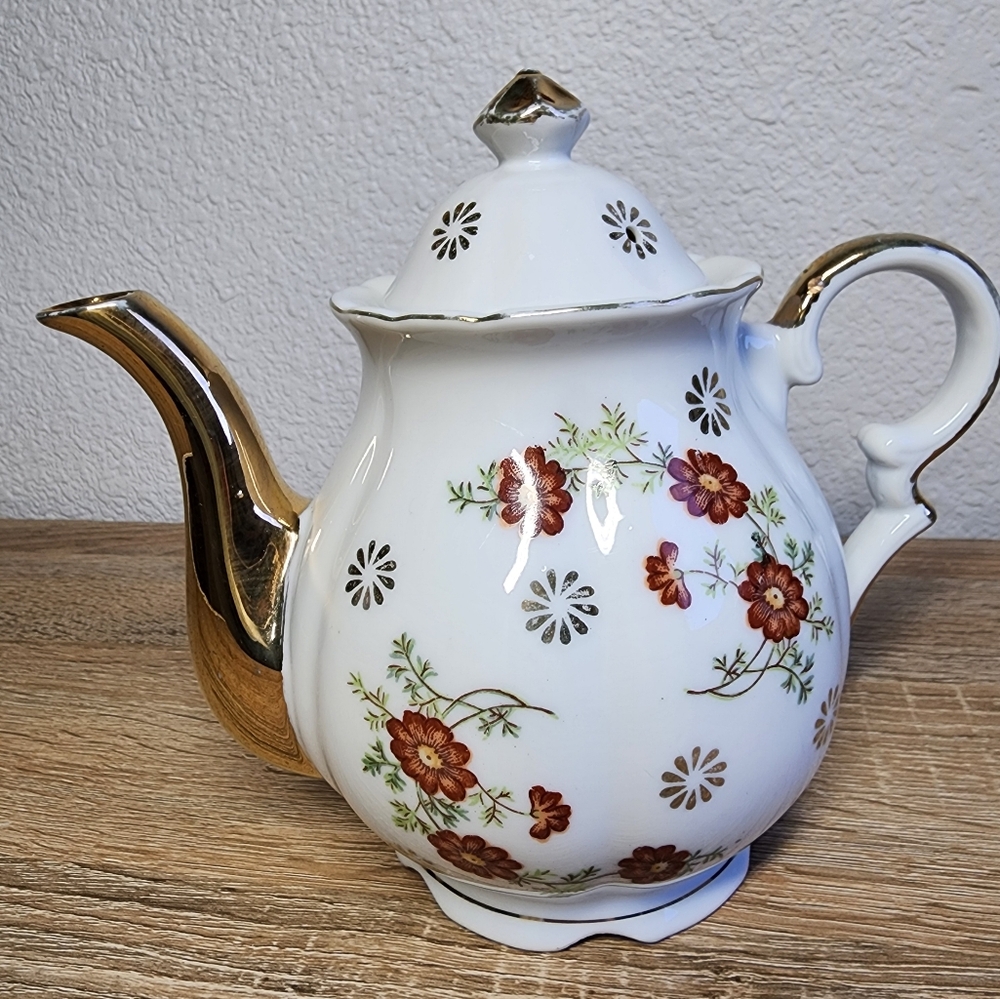 VINTAGE TRIMONT WARE Tea Pot Floral Porcelain Gold Accents With Lid